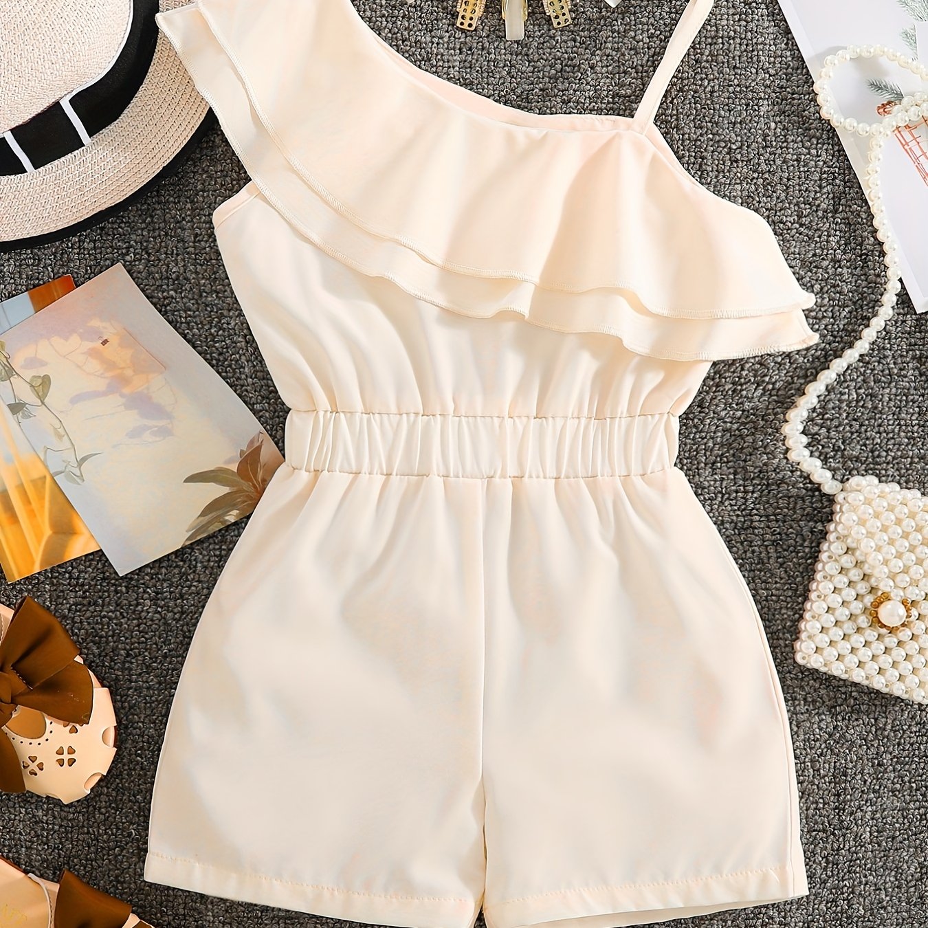 Girls One Shoulder Ruffles Romper Kids Summer Jumpsuit