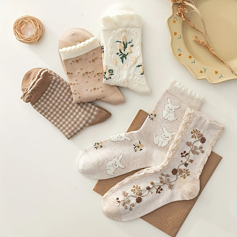 5 Pairs Floral Print Socks Comfy & Ruffle Women's Stockings