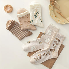 5 Pairs Floral Print Socks Comfy & Ruffle Women's Stockings