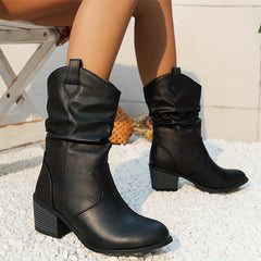 Women's Chunky Heel Cowboy Boots Slip On Retro Western Style