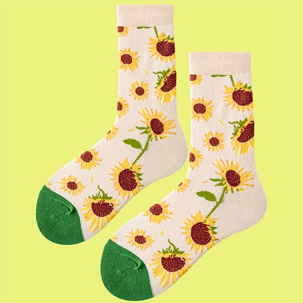 Sunflower Pattern Socks Comfy & Breathable Mid Tube Socks Women's Stockings