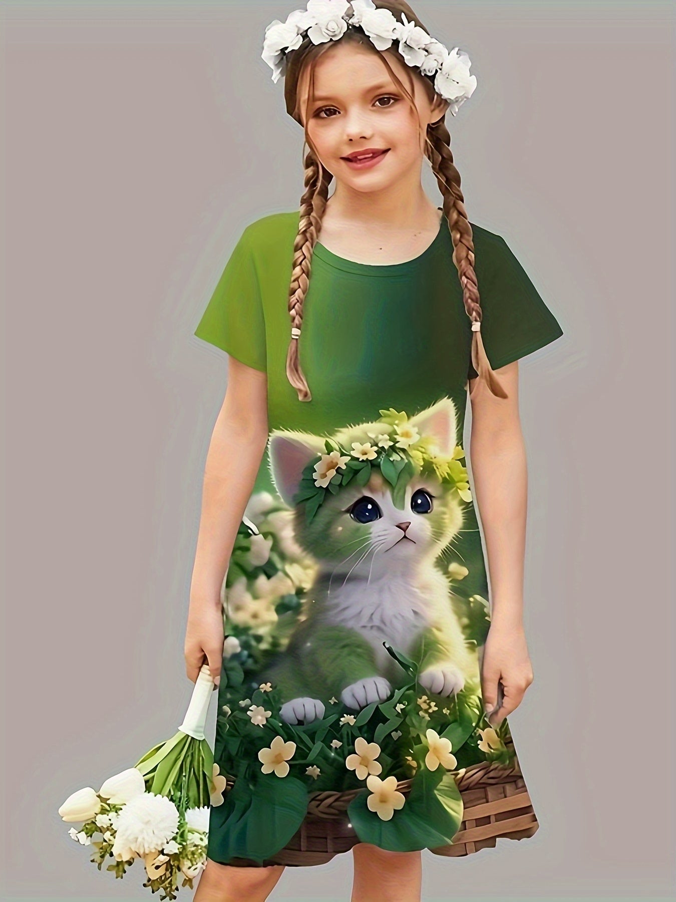Sweet Flower Cat Print Crew Neck Short Sleeve Dress For Summer Party