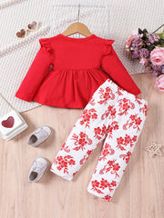 2pcs Baby Girls Ruffles T Shirt & Floral Print Pants Set