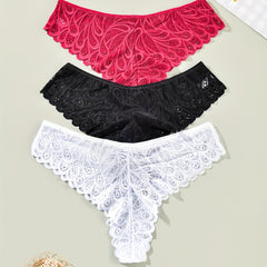 3 Pack Plus Size Lace High Stretch Briefs Set Women's Plus Solid Paisley Panties
