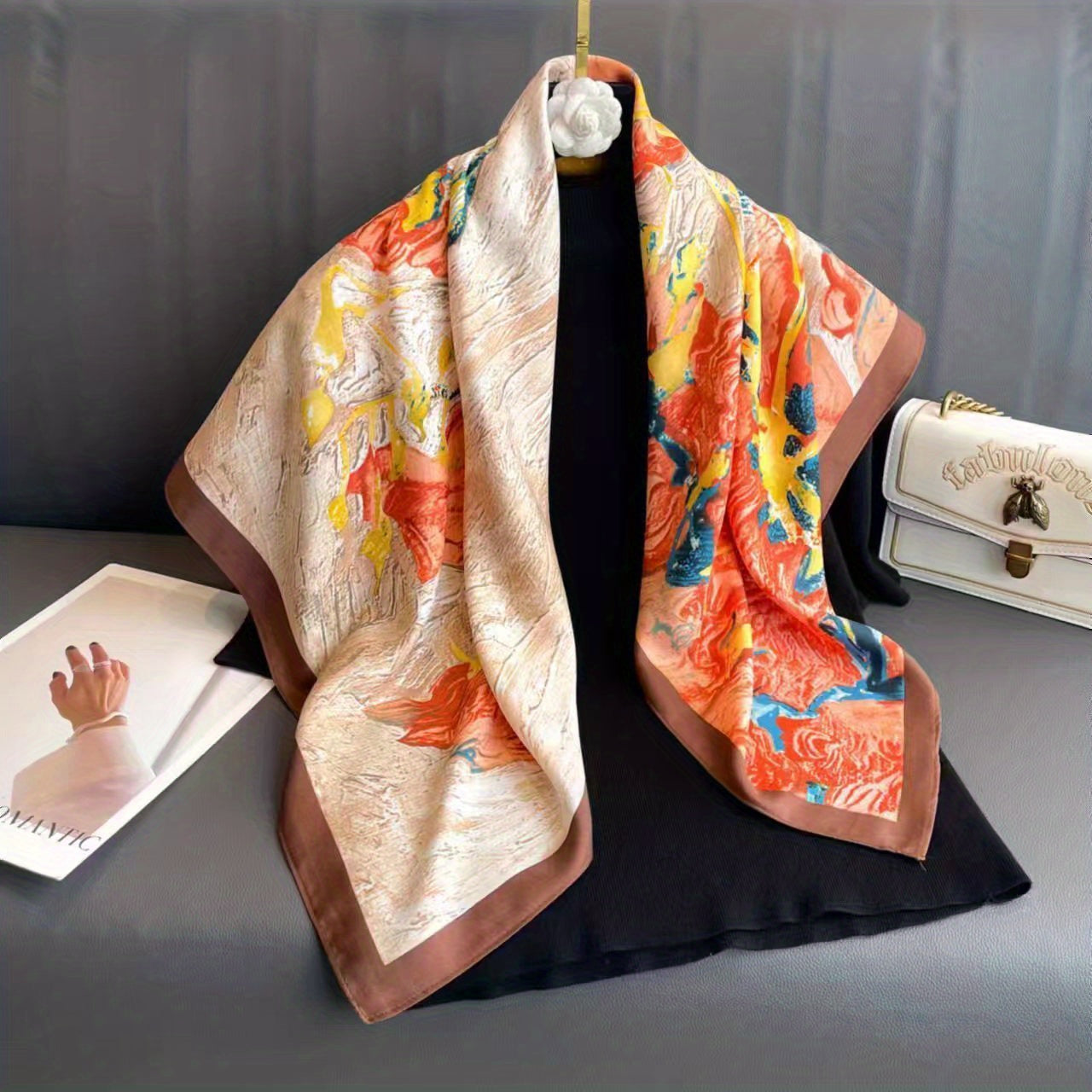 Flower Print Square Scarf Oil Painting Silk Shawl Women Head Wrap Satin