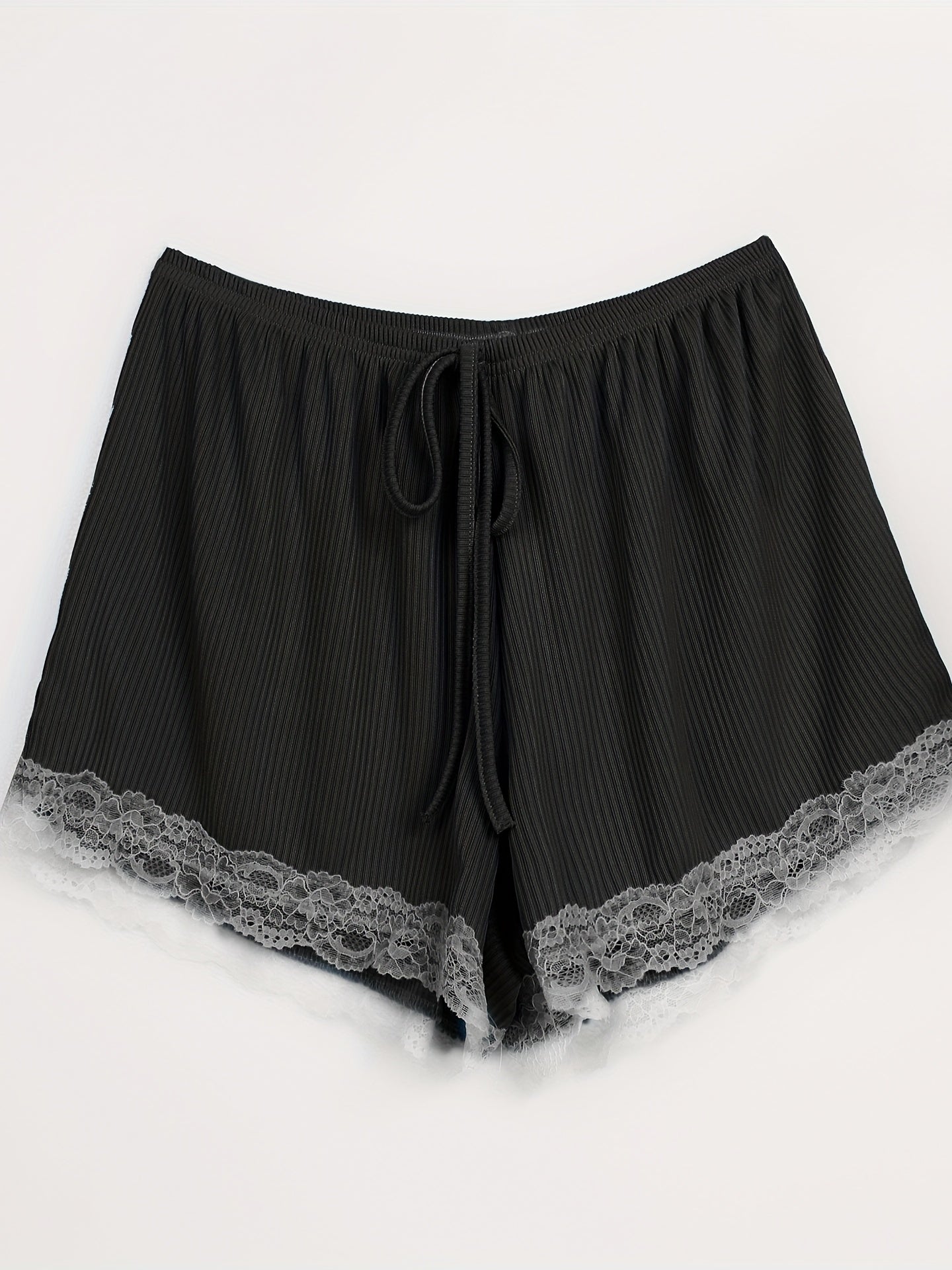 Lace Trim Ribbed Sleep Bottoms Elastic Waistband Shorts