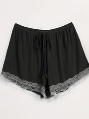 Lace Trim Ribbed Sleep Bottoms Elastic Waistband Shorts