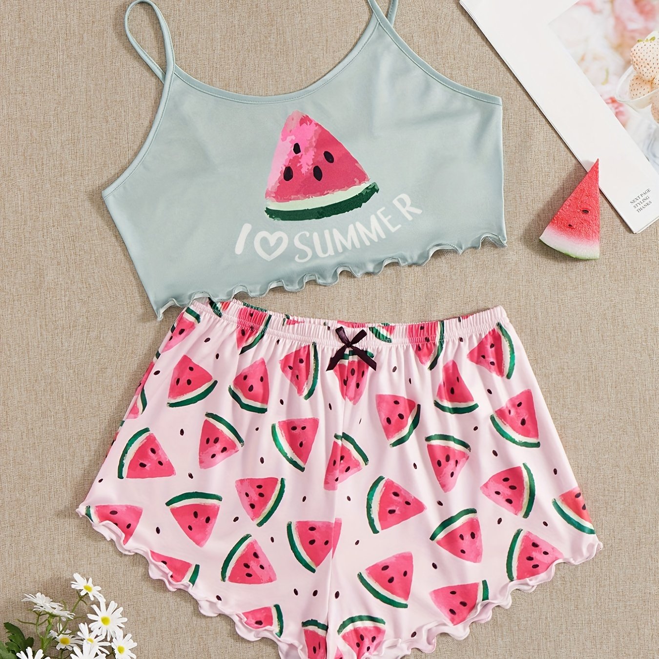 Watermelon Print Pajama Set Cami Top & Shorts Women's Sleepwear
