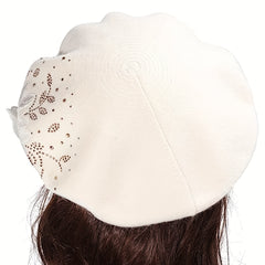 Flower Embroidery Beret Rhinestone Decor Berets Cap Lightweight Painter Hats
