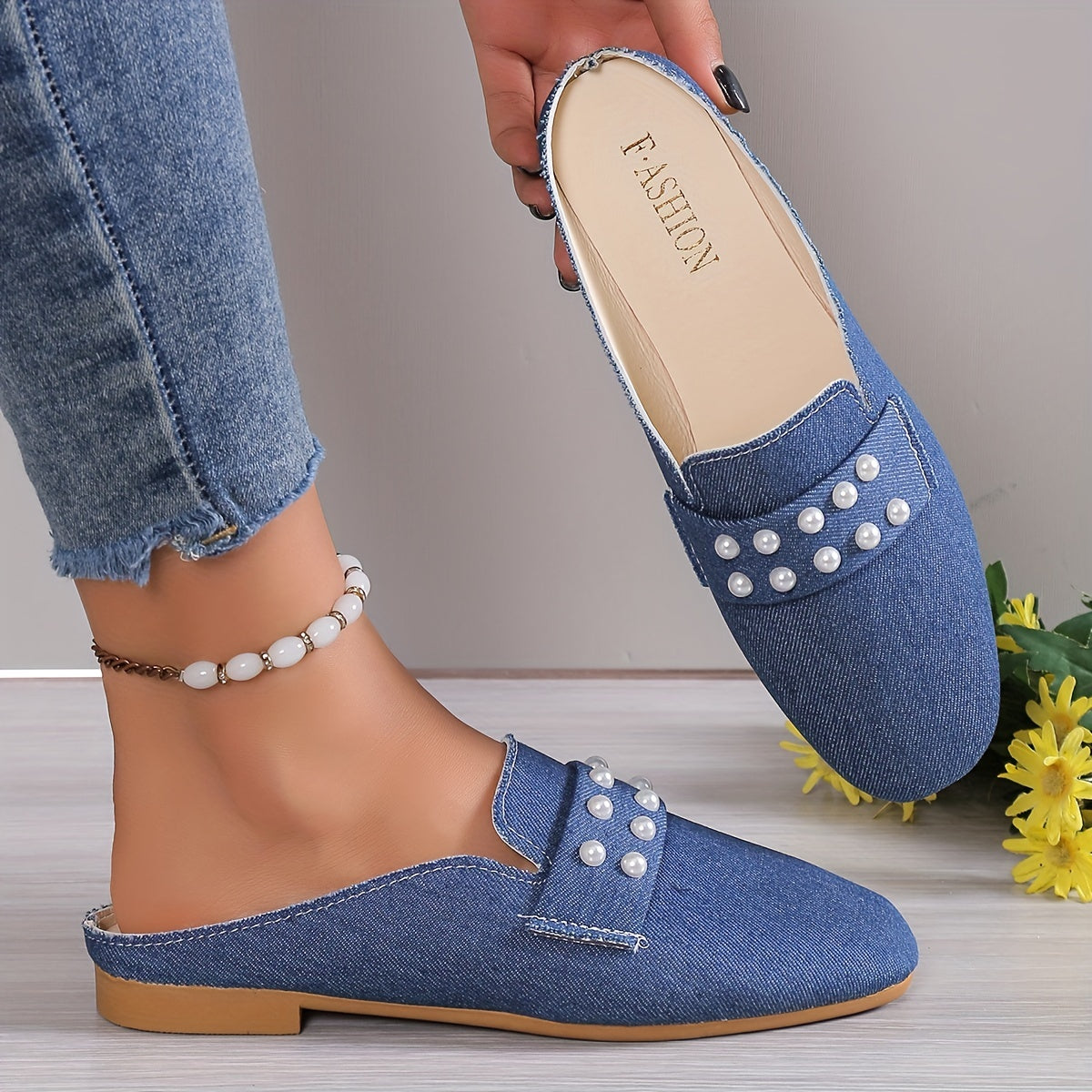 Women's Faux Pearl Flat Shoes Pointed Toe Slip On Denim Loafers