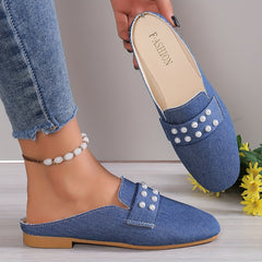 Women's Faux Pearl Flat Shoes Pointed Toe Slip On Denim Loafers