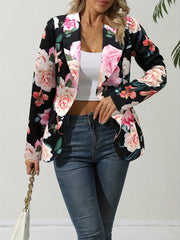 Geo Print Open Front Blazer Vintage Lapel Long Sleeve Blazer