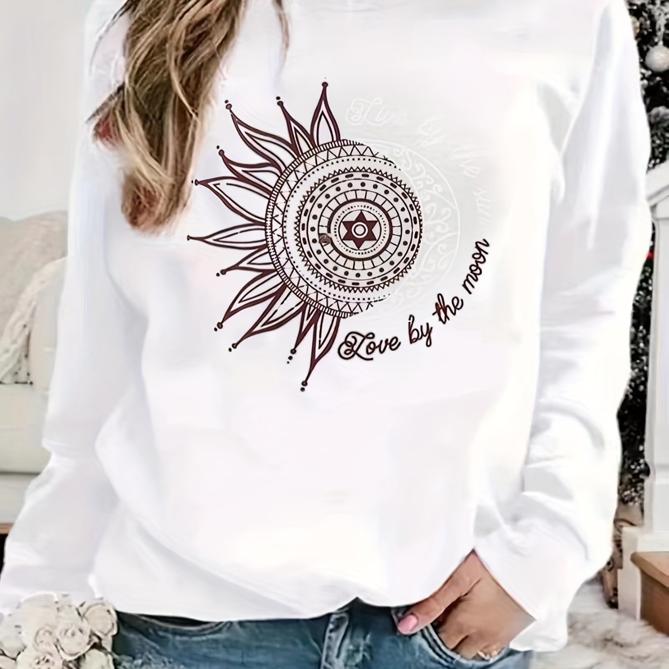 Sun & Moon Print Crew Neck Sweatshirt Long Sleeve Casual Pullover for Women