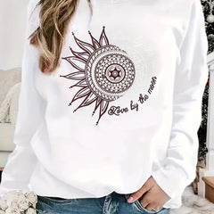 Sun & Moon Print Crew Neck Sweatshirt Long Sleeve Casual Pullover for Women