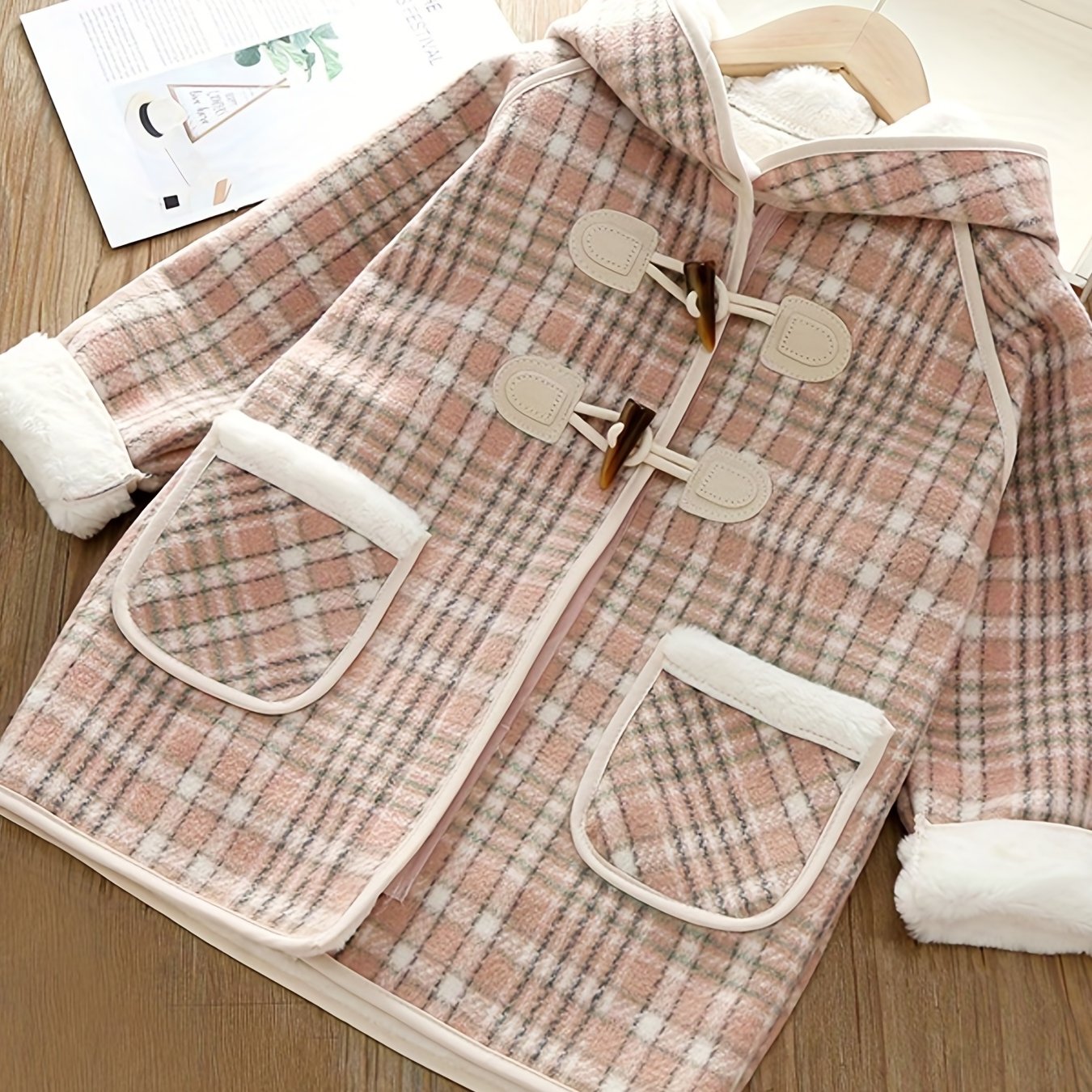 Girls' Winter Fleece Plaid Hooded Toggle Coat For Going Out