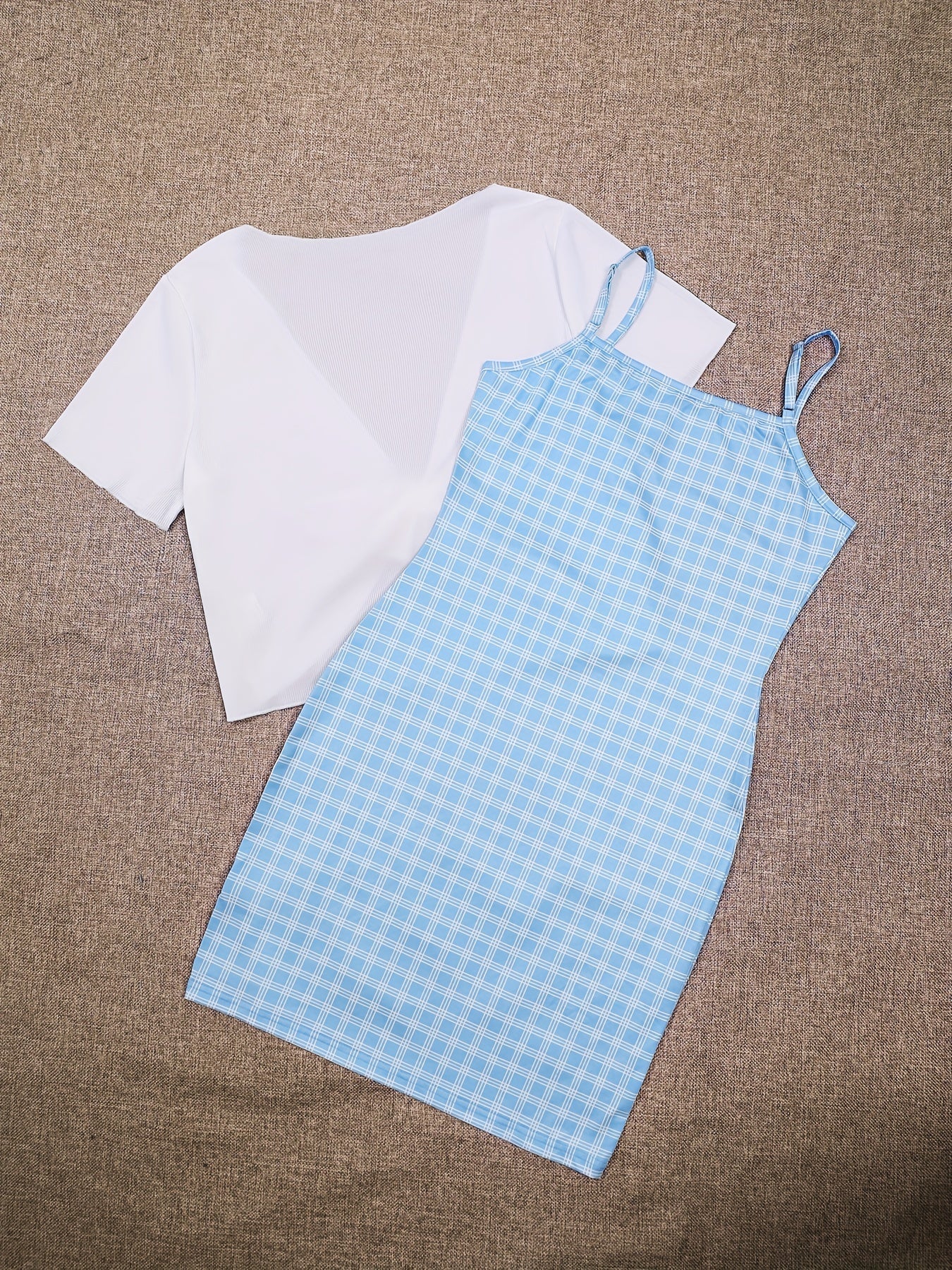 Plaid Dresses & Open Front Tops Two Pieces Set Outfits Women's Clothing