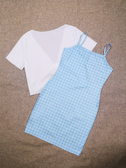 Plaid Dresses & Open Front Tops Two Pieces Set Outfits Women's Clothing