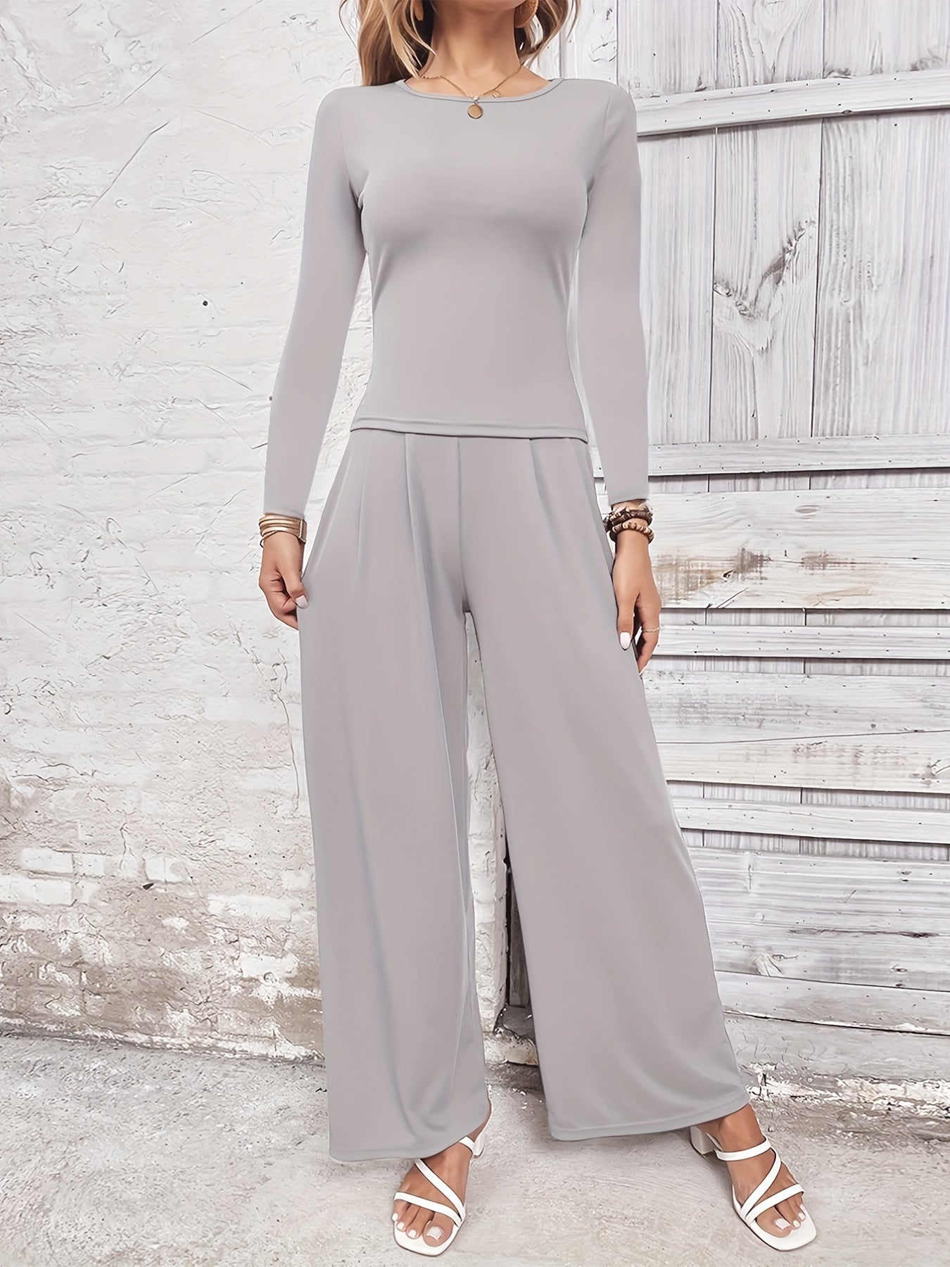 Solid Two piece Set Slim Long Sleeve Crew Neck T shirt & Wide Leg Pants