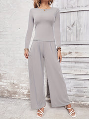 Solid Two piece Set Slim Long Sleeve Crew Neck T shirt & Wide Leg Pants