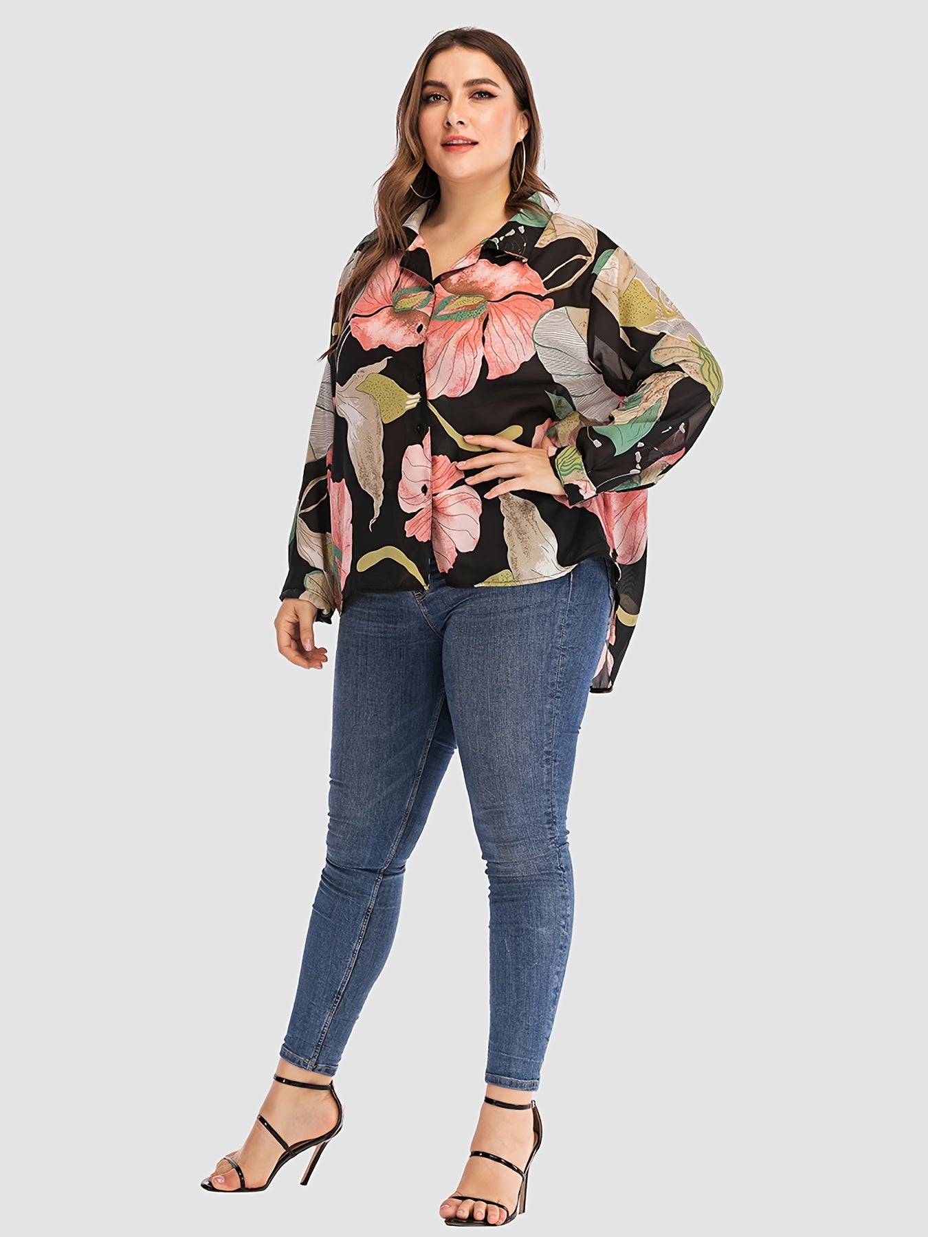 Women's Floral Print Button Up Long Sleeve Blouse