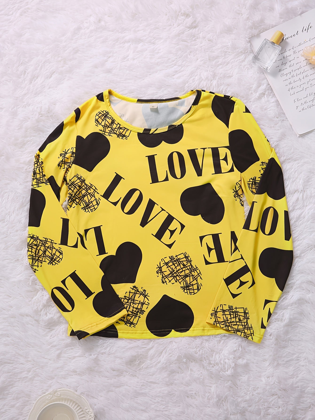 Heart Print Pajamas Set Short Sleeve Crew Neck Top & Long Sleeve Top & Pants