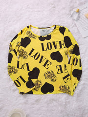 Heart Print Pajamas Set Short Sleeve Crew Neck Top & Long Sleeve Top & Pants