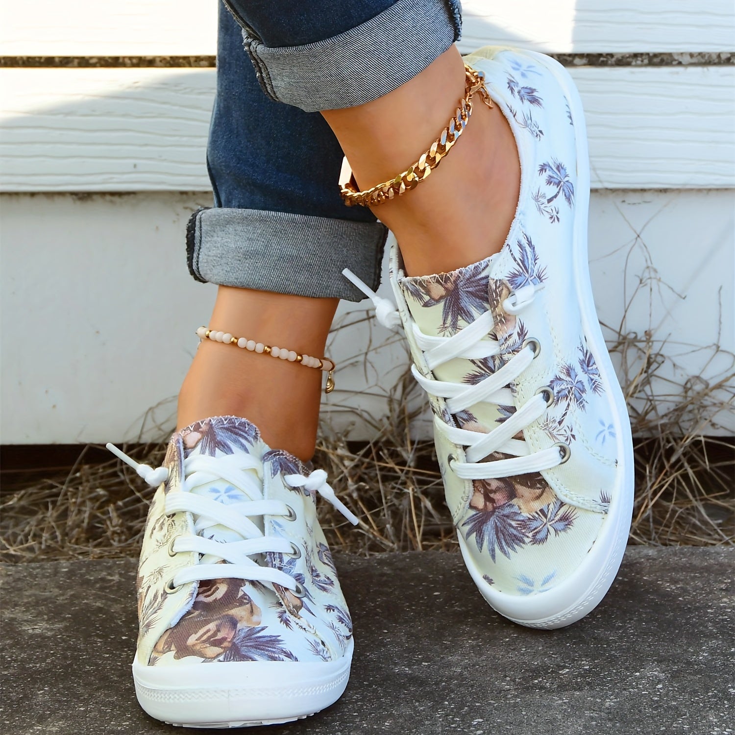Women's Coconut Tree Pattern Canvas Shoes Lace Up Flat Walking Shoes