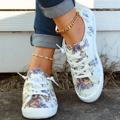 Women's Coconut Tree Pattern Canvas Shoes Lace Up Flat Walking Shoes