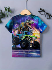 Dino Truck 3D Print Boy's T-shirt Short Sleeve Casual Summer Top