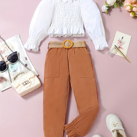 Girl's Shirred Top & Belted Pants Set for Spring Fall