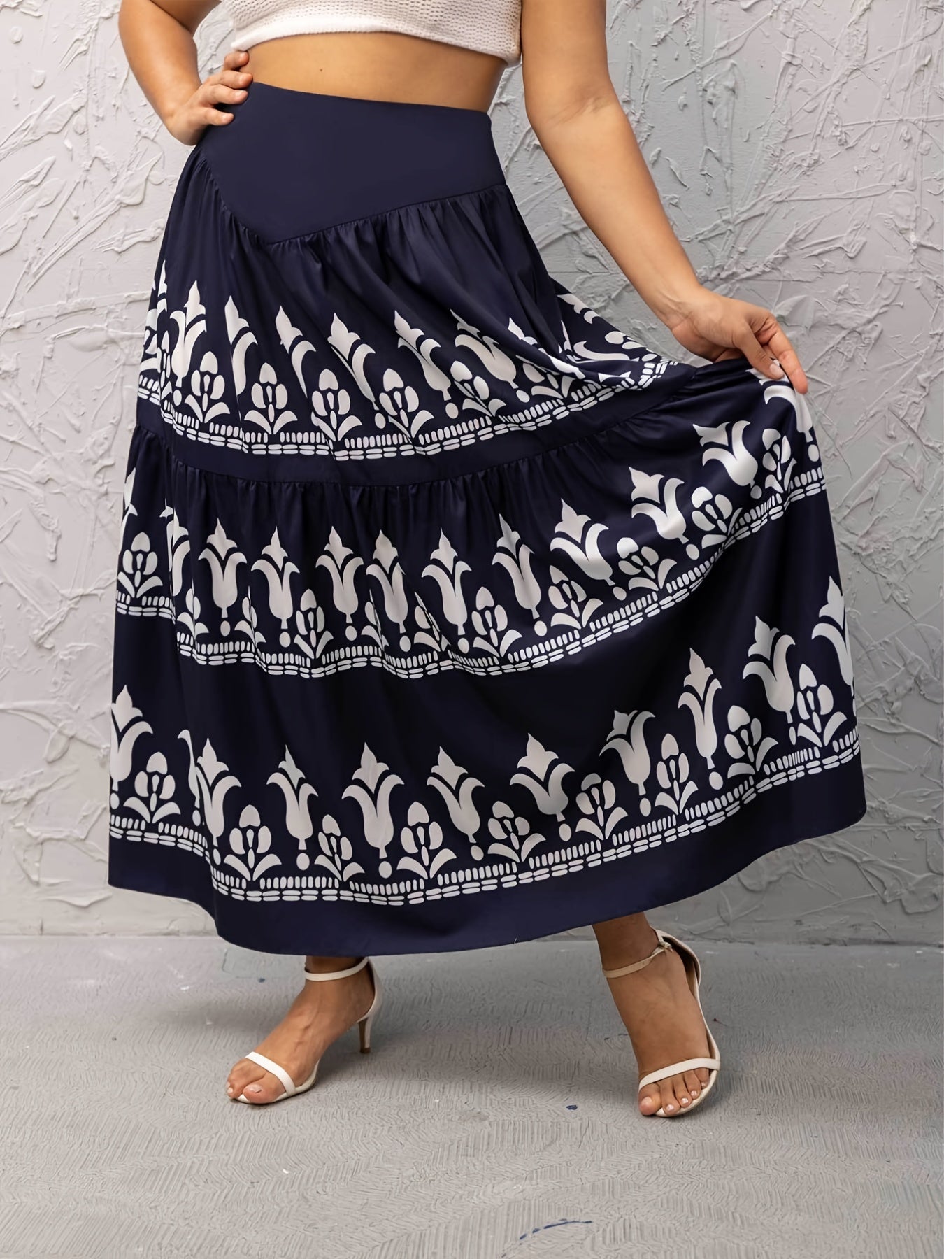 Boho Skirt Women's Plus Floral Print High Rise Pleated Maxi Smock Skir