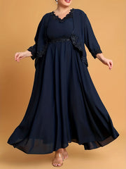 Casual 2 Piece Set Lace Panel Maxi Dress & Cardigan Knot Skirt Outfits