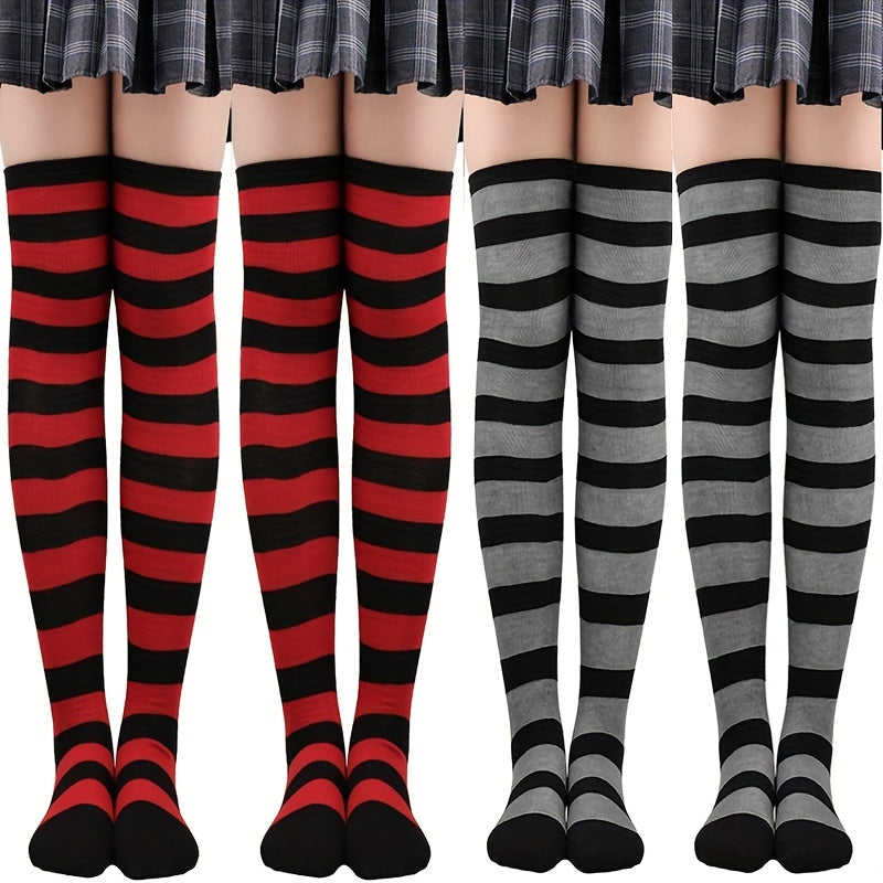 2 Pairs Striped Thigh High Socks Women's Stockings