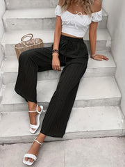 Solid Textured Wide Leg Pants Elastic Waist Tied Pants