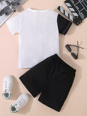 Boys Feather Graphic Casual Outfit T-shirt & Shorts Summer Clothes Set