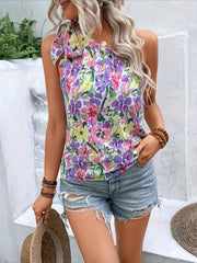 Floral Print One Shoulder Top Boho Summer Knot Sleeveless Top Women