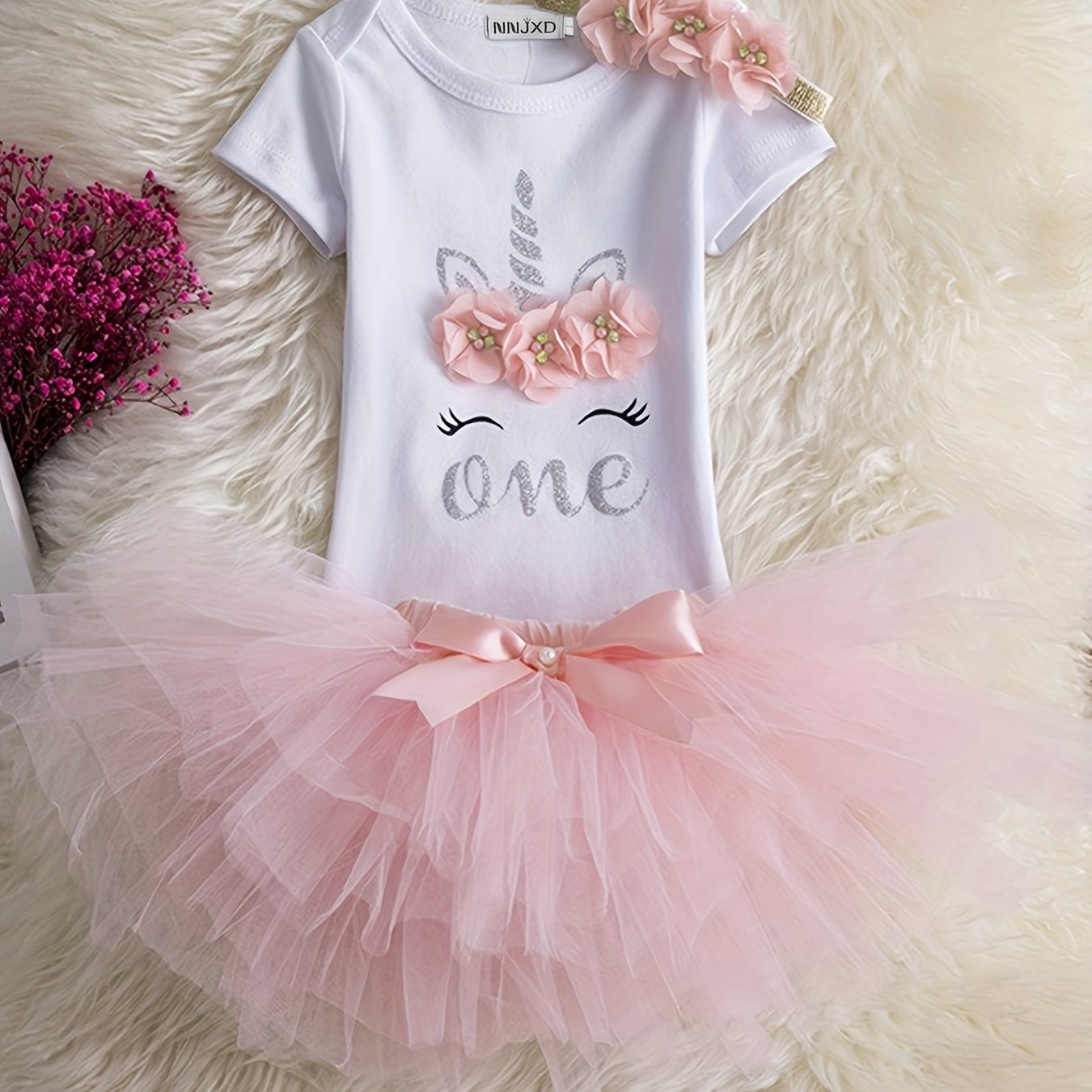 Baby Girls 1st Birthday Outfit Cartoon Print Top Mesh Skirt 3pcs Kids Clothes