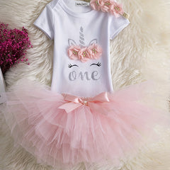 Baby Girls 1st Birthday Outfit Cartoon Print Top Mesh Skirt 3pcs Kids Clothes