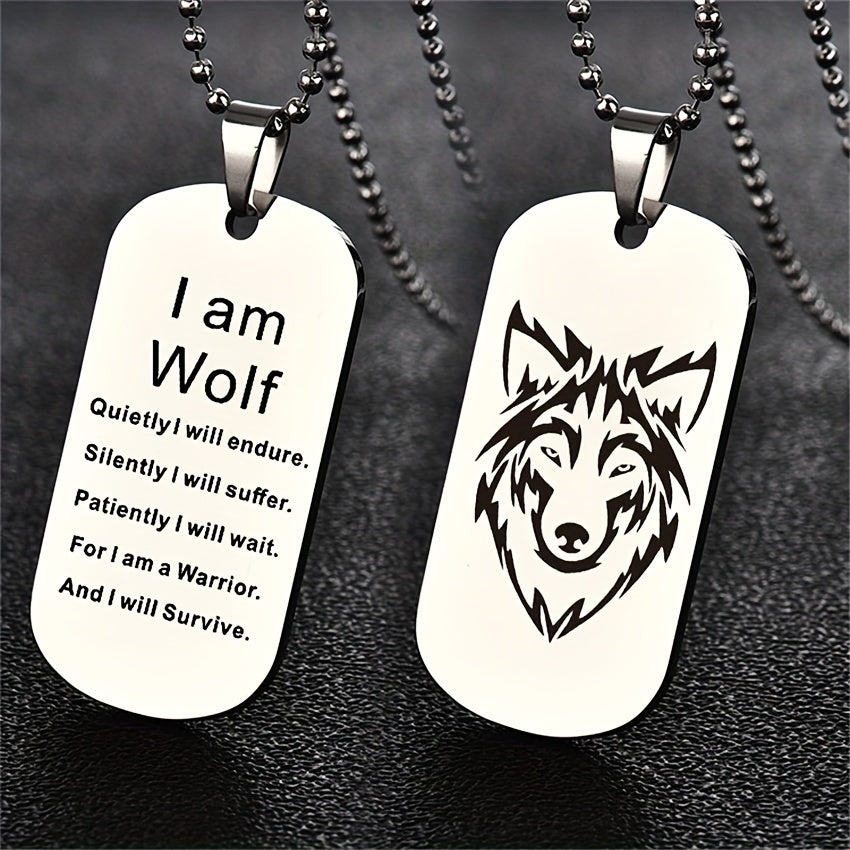 Stainless Steel Wolf Pendant Necklace for Boys 'I Am Wolf' with Chain