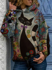Cartoon Cat Print Hoodie Sweatshirt for Women