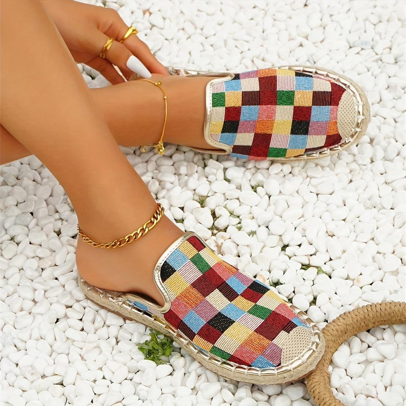Colorful Plaid Mules Closed Toe Slip On Espadrille Flat Shoes