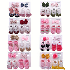 4pcs Baby Girls Princess Bow Striped Cotton Flip Socks & Flower Headband Set