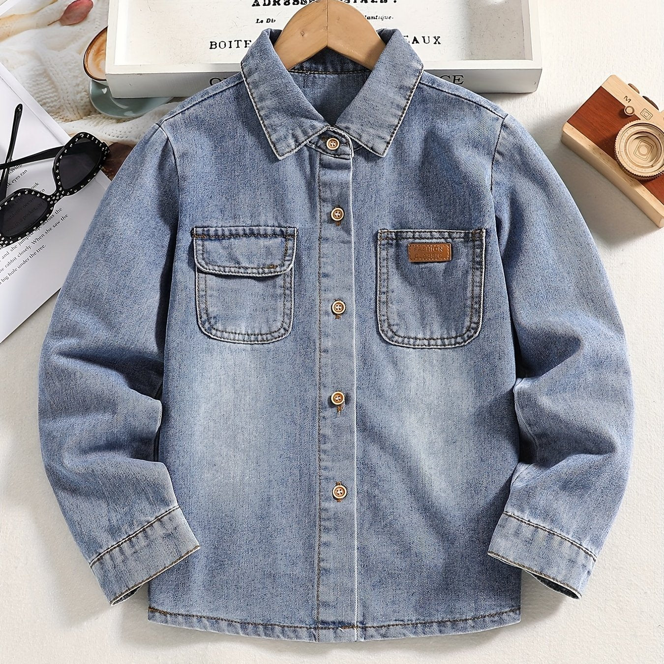 Boys Casual Denim Jacket Button Down Lapel Long Sleeve Coat