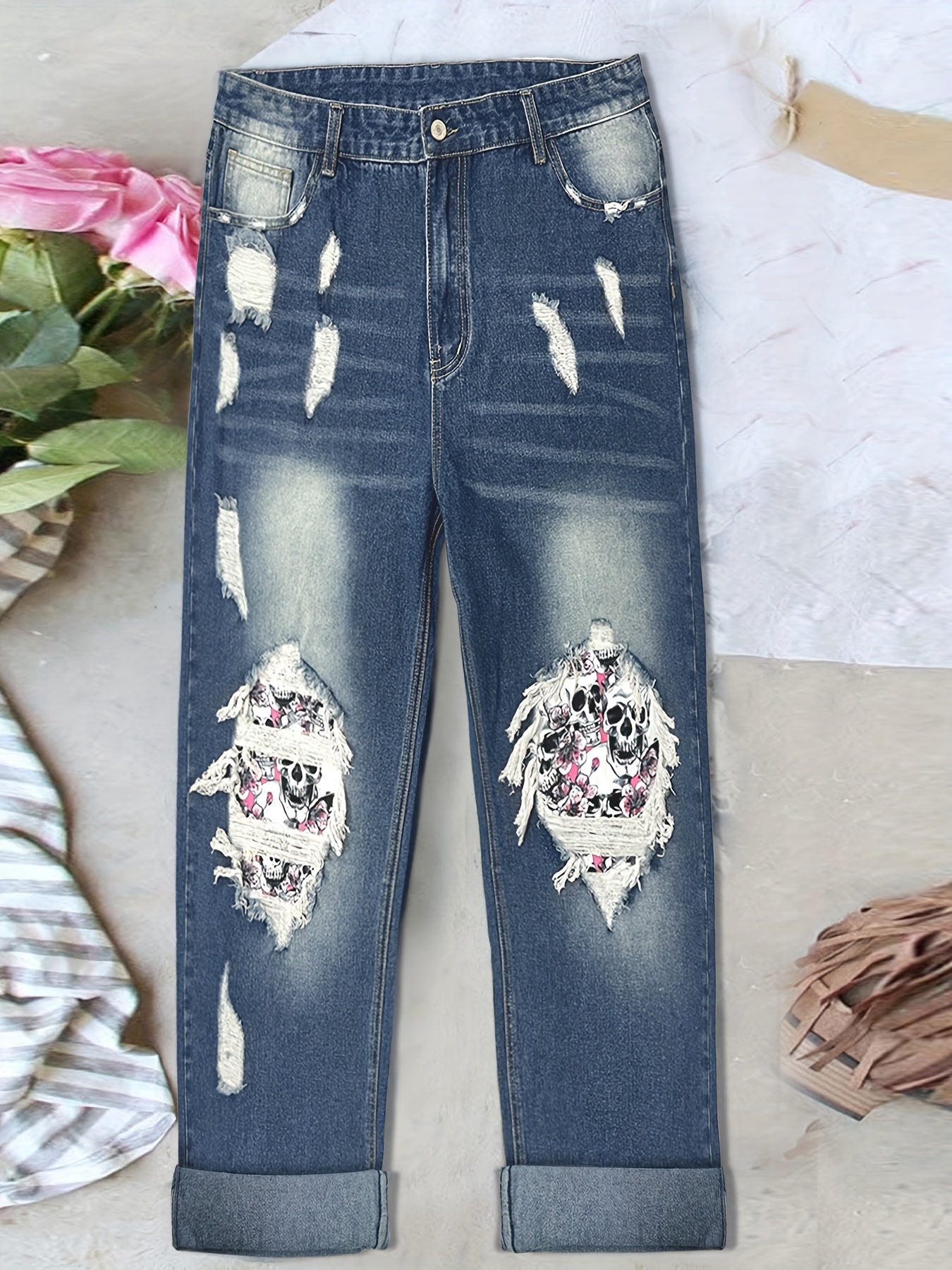 Colorblock Floral Skull Print Ripped High Rise Jeans