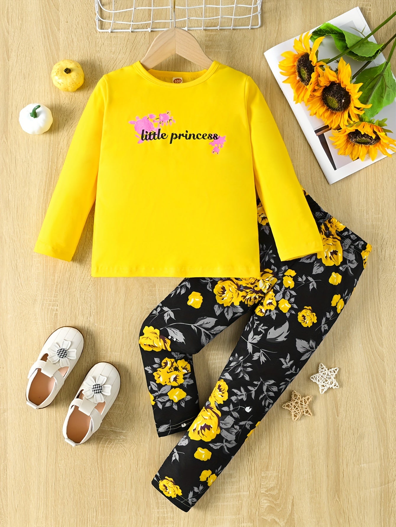 Floral Pattern 2pcs Set Long Sleeve Top & Leggings LITTLE PRINCESS Print