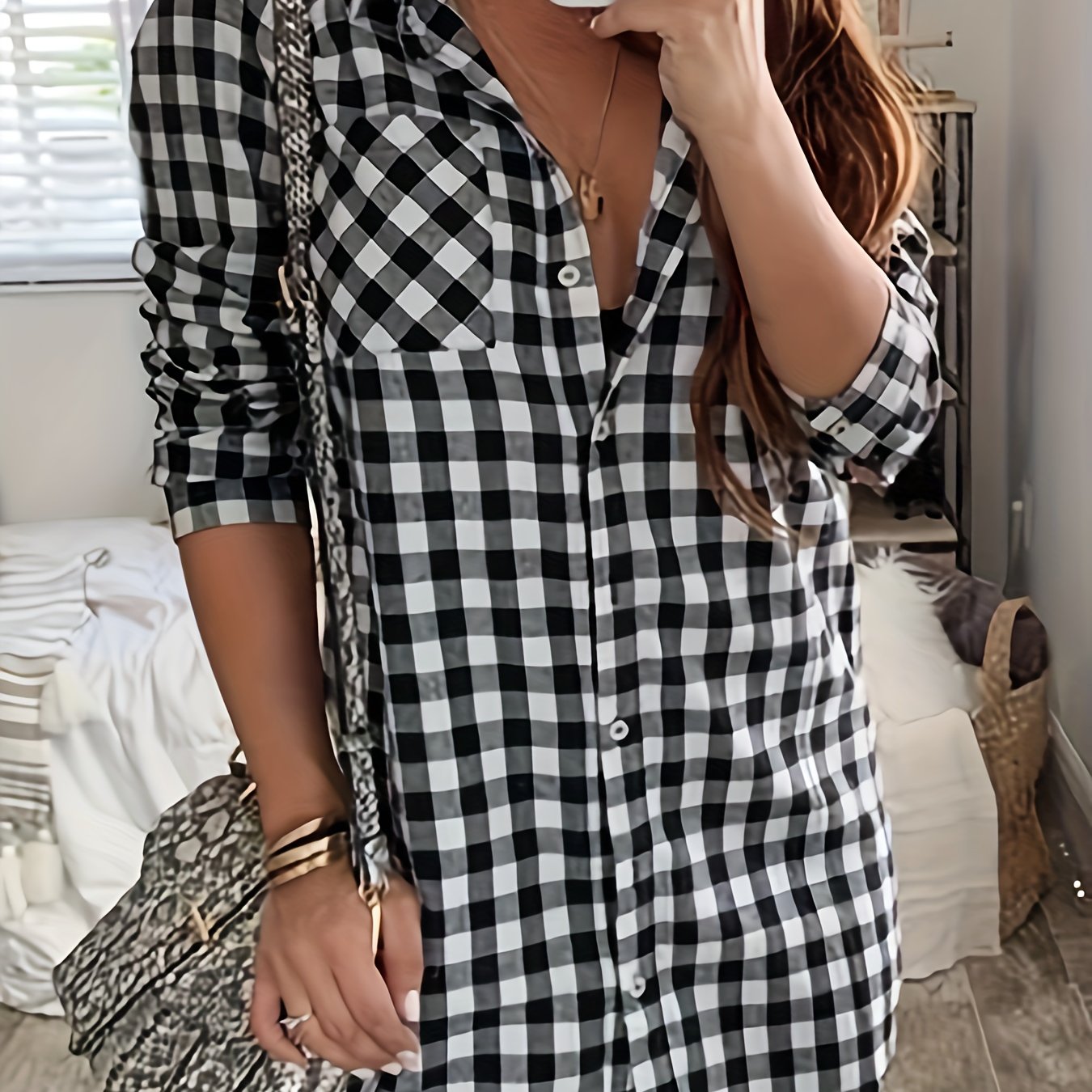 Gingham Print Button Up Long Sleeve Shirt Dress