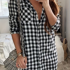 Gingham Print Button Up Long Sleeve Shirt Dress