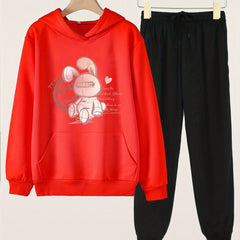 2pcs Bunny Print Girls Hoodie Set Kids Casual Long Sleeve Hooded Sweatshirt