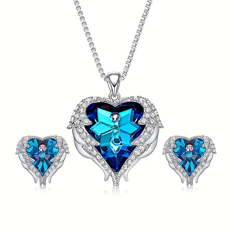 Heart Pendant Necklace & Earrings Set Wing Detail Rhinestone Decor