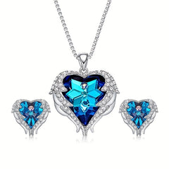 Heart Pendant Necklace & Earrings Set Wing Detail Rhinestone Decor